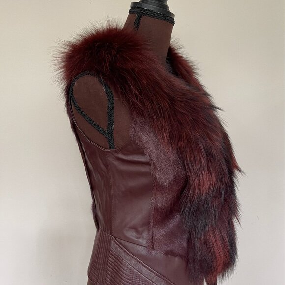 NWOT Burgundy Leather Vest Real Fox Fur XS size - Picture 3 of 16